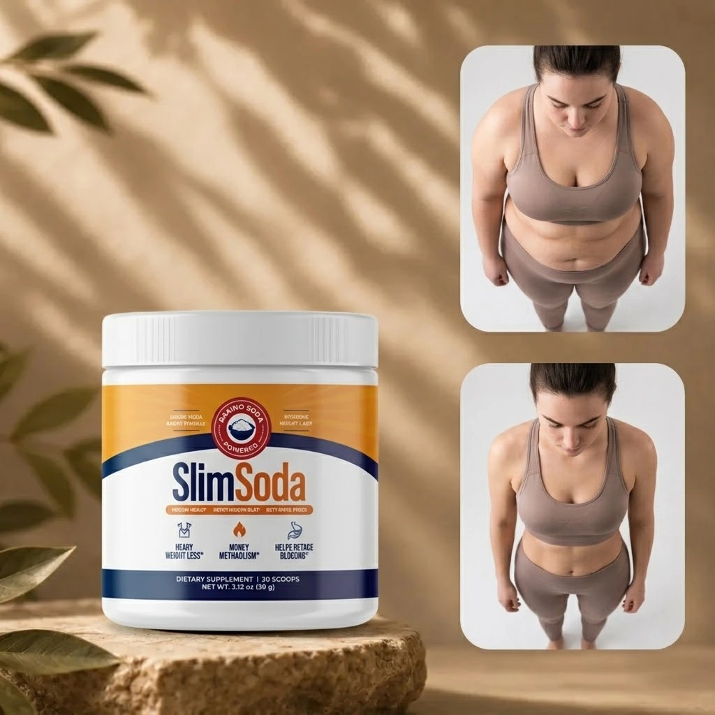 SlimSoda baking-soda drink mix jar with 30 scoops, shown with customer photos